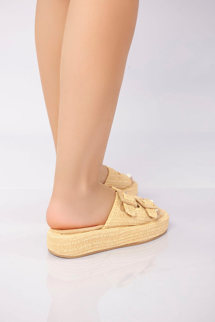 Double Buckle Platform Slide - Khaki