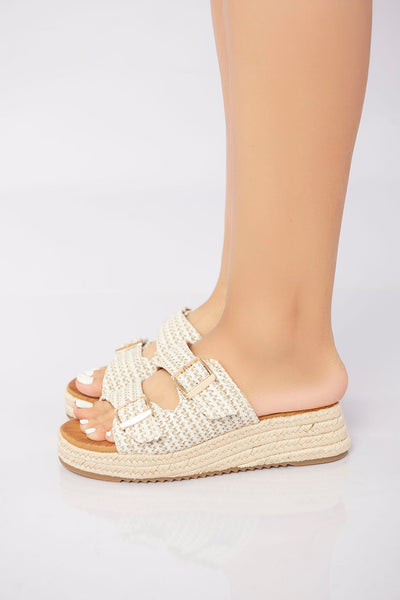 Double Buckle Woven Platform Slide - Beige