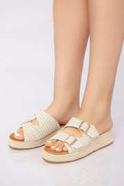 Double Buckle Woven Platform Slide - Beige