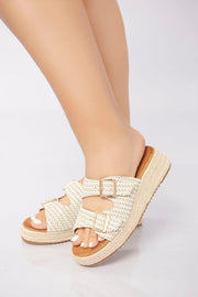 Double Buckle Woven Platform Slide - Beige