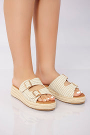 Double Buckle Woven Platform Slide - Beige