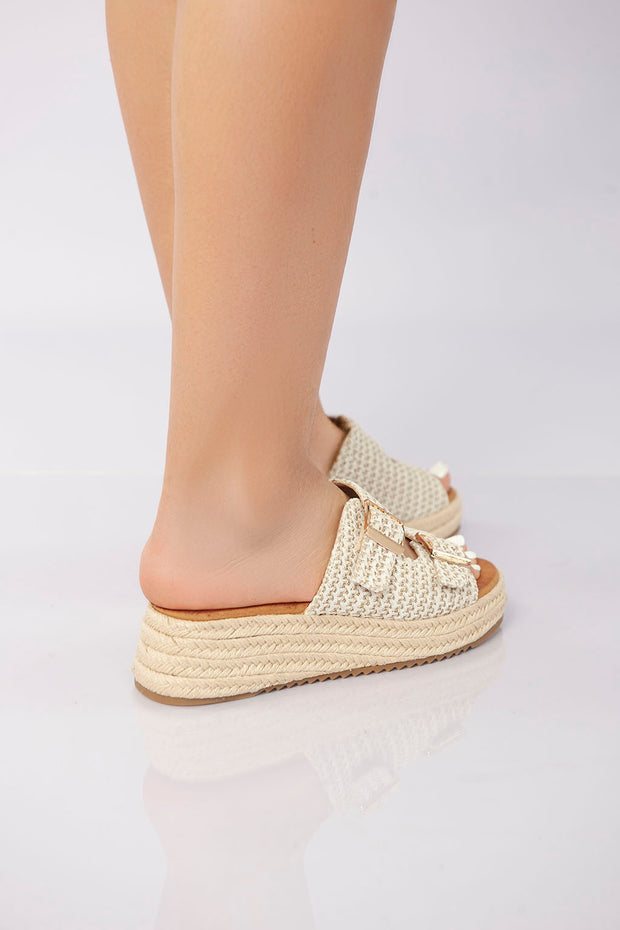 Double Buckle Woven Platform Slide - Beige