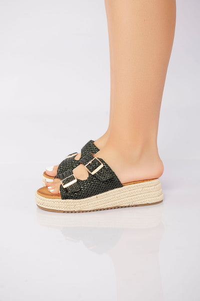 Double Buckle Woven Platform Slide - Black