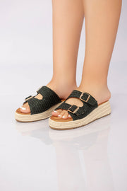Double Buckle Woven Platform Slide - Black