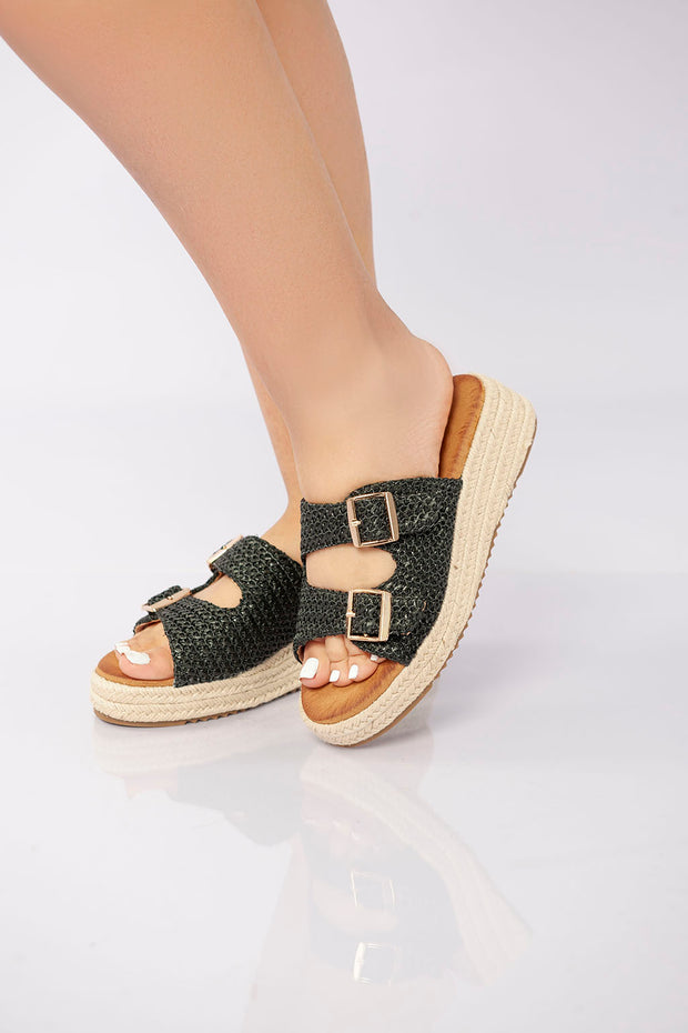 Double Buckle Woven Platform Slide - Black