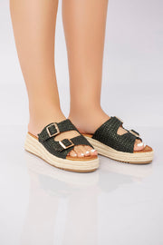Double Buckle Woven Platform Slide - Black