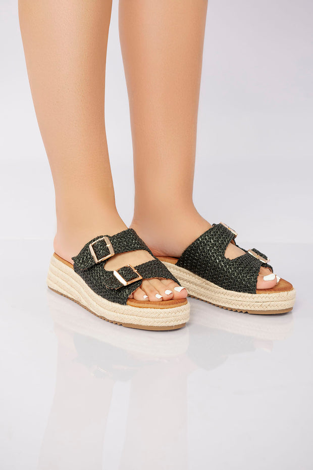 Double Buckle Woven Platform Slide - Black