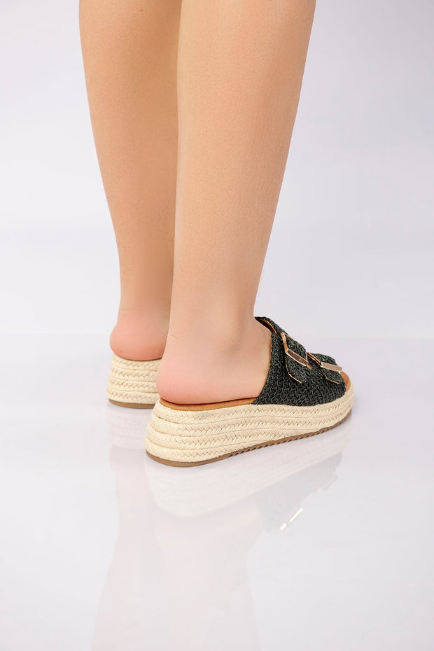 Double Buckle Woven Platform Slide - Black
