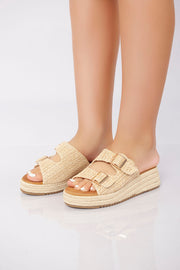 Double Buckle Woven Platform Slide - Khaki