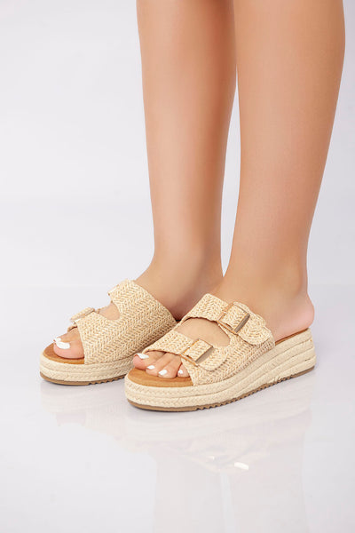 Double Buckle Woven Platform Slide - Khaki