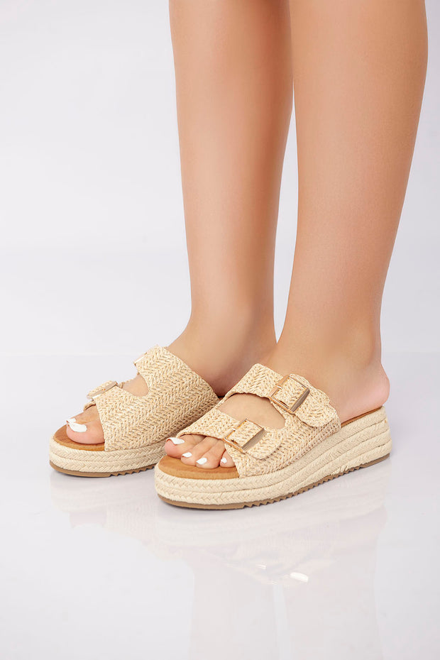 Double Buckle Woven Platform Slide - Khaki