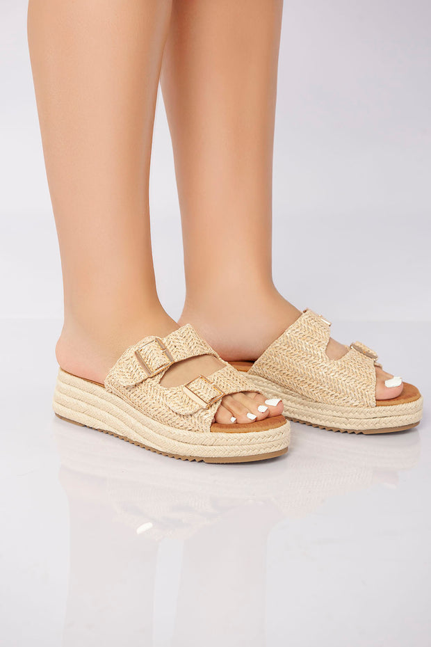 Double Buckle Woven Platform Slide - Khaki