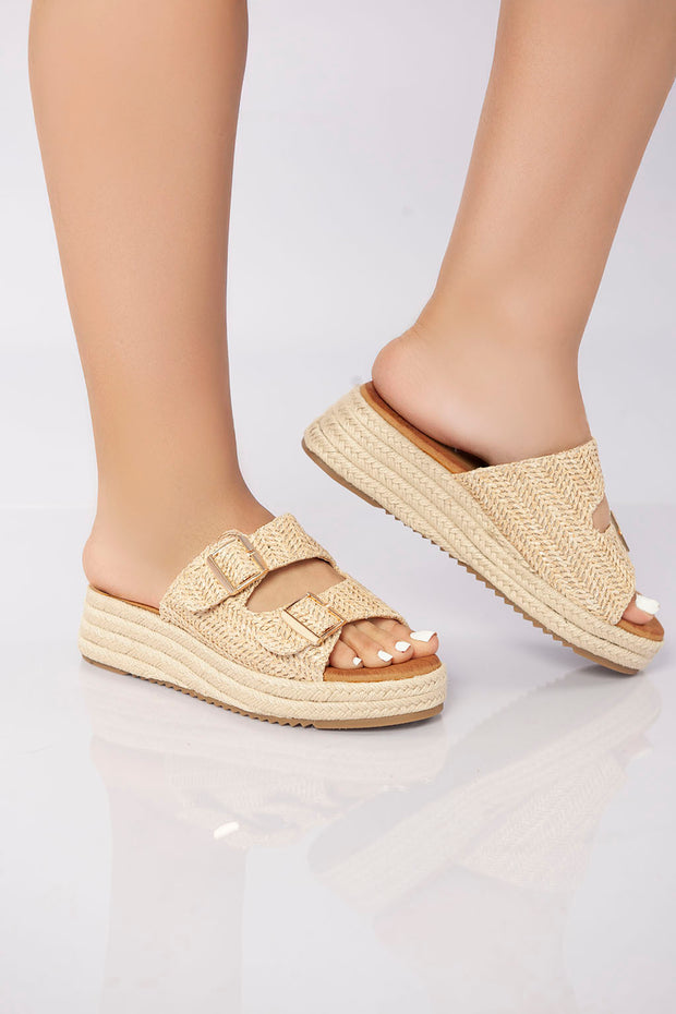 Double Buckle Woven Platform Slide - Khaki