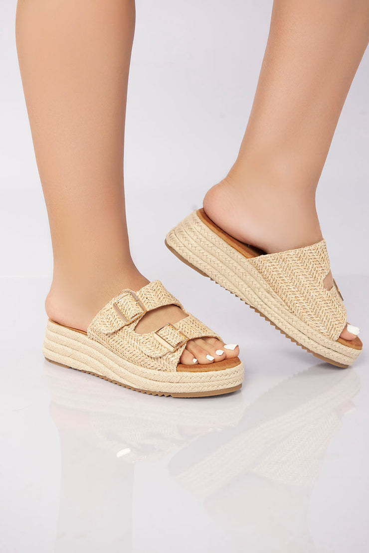 Double Buckle Woven Platform Slide - Khaki
