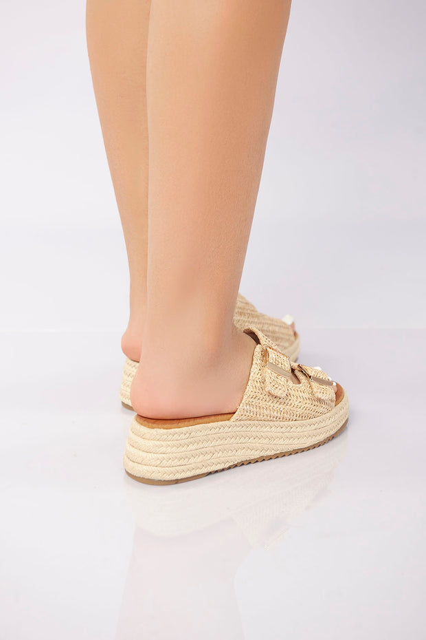 Double Buckle Woven Platform Slide - Khaki