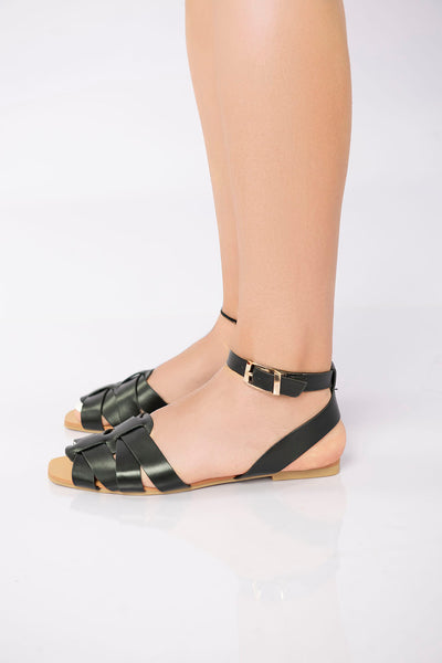 Flat Ankle-Strap Woven Sandal - Black