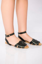 Flat Ankle-Strap Woven Sandal - Black