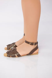 Flat Ankle-Strap Woven Sandal - Brown