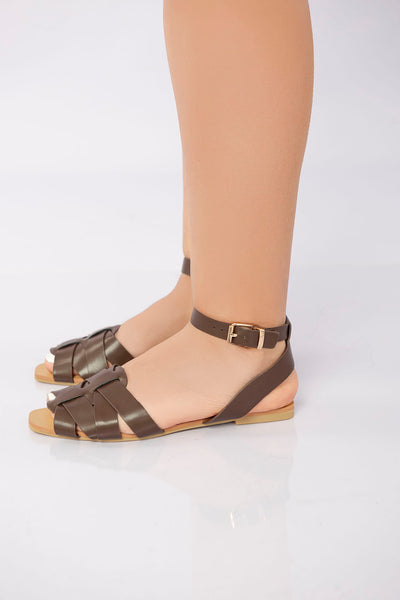 Flat Ankle-Strap Woven Sandal - Brown