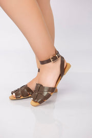 Flat Ankle-Strap Woven Sandal - Brown