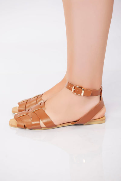 Flat Ankle-Strap Woven Sandal - Camel