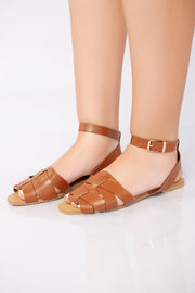 Flat Ankle-Strap Woven Sandal - Camel