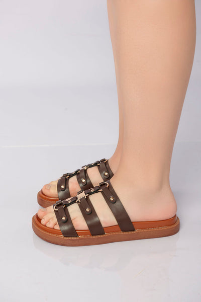 Open-Toe Strappy Slide - Brown