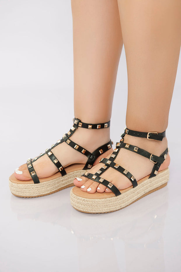 Rockstud Platform Gladiator Sandal - Black