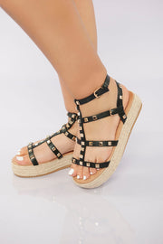 Rockstud Platform Gladiator Sandal - Black
