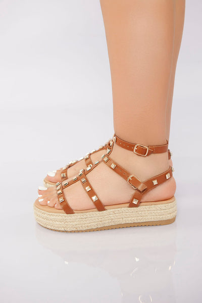 Rockstud Platform Gladiator Sandal - Camel