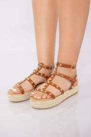 Rockstud Platform Gladiator Sandal - Camel