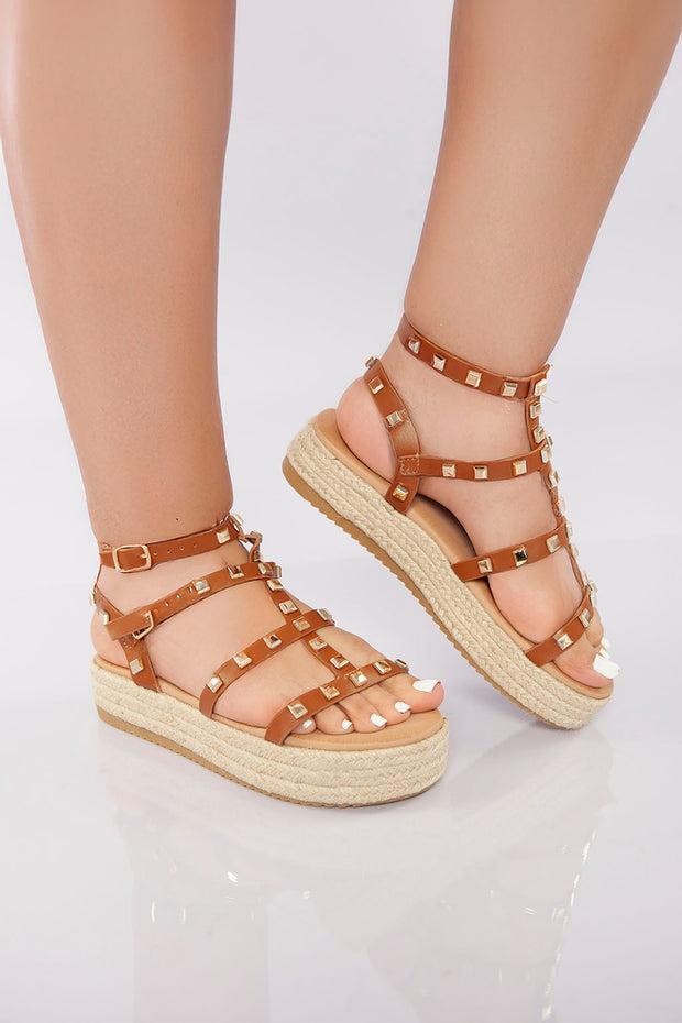 Rockstud Platform Gladiator Sandal - Camel