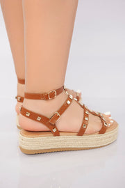 Rockstud Platform Gladiator Sandal - Camel