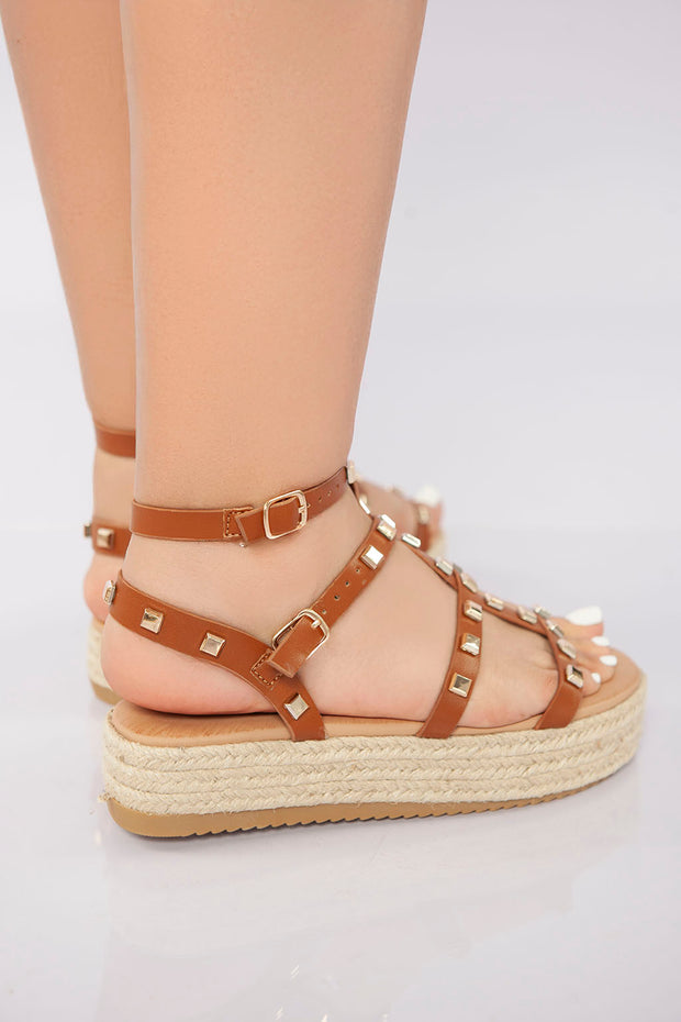 Rockstud Platform Gladiator Sandal - Camel