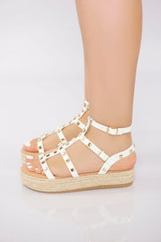 Rockstud Platform Gladiator Sandal - White