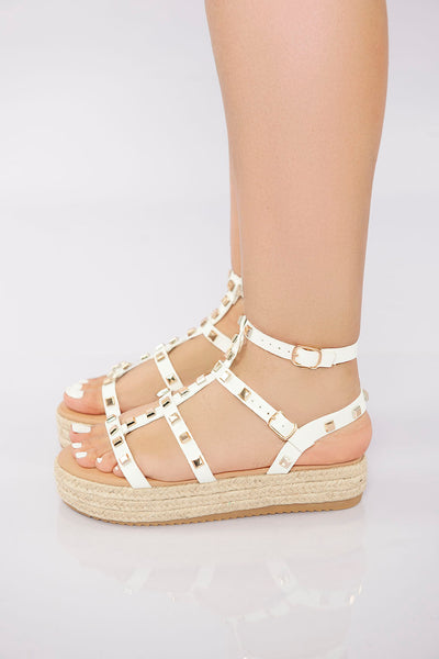 Rockstud Platform Gladiator Sandal - White