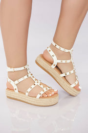 Rockstud Platform Gladiator Sandal - White