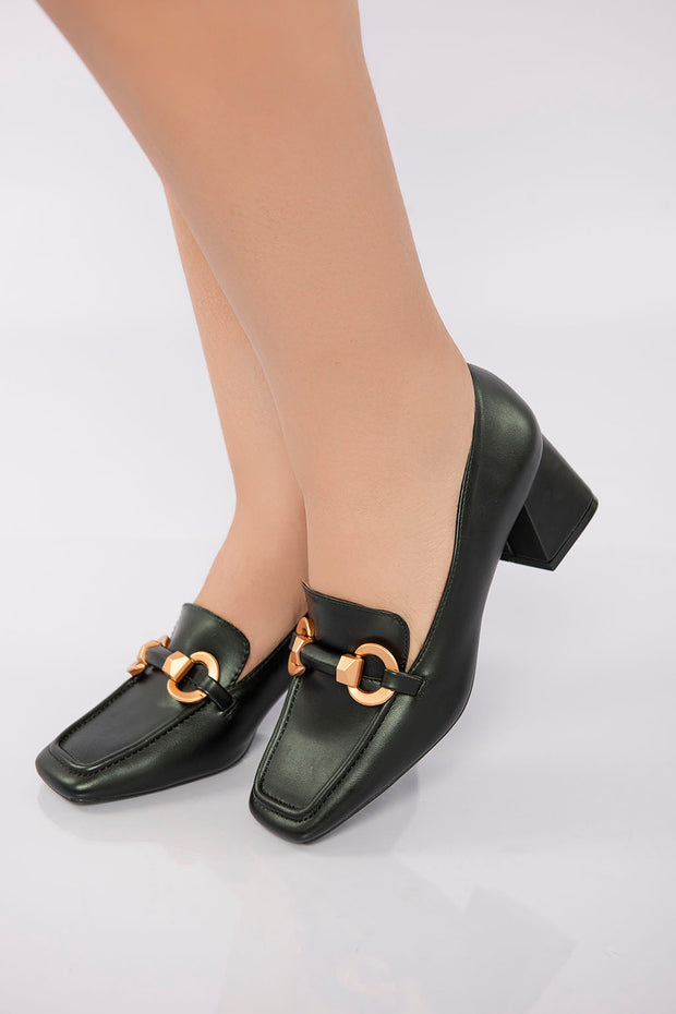 Square Toe Heeled Loafer - Black