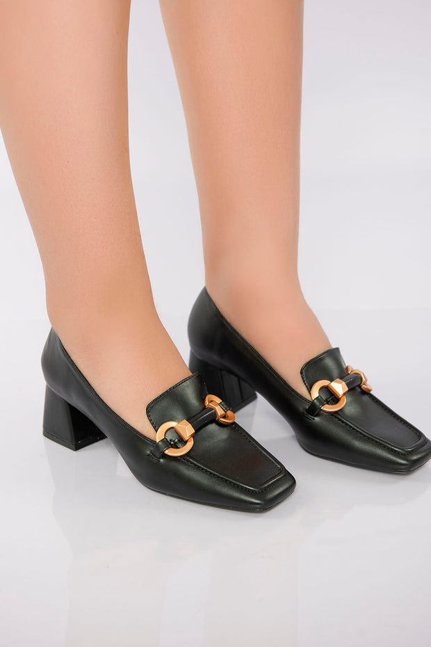 Square Toe Heeled Loafer - Black