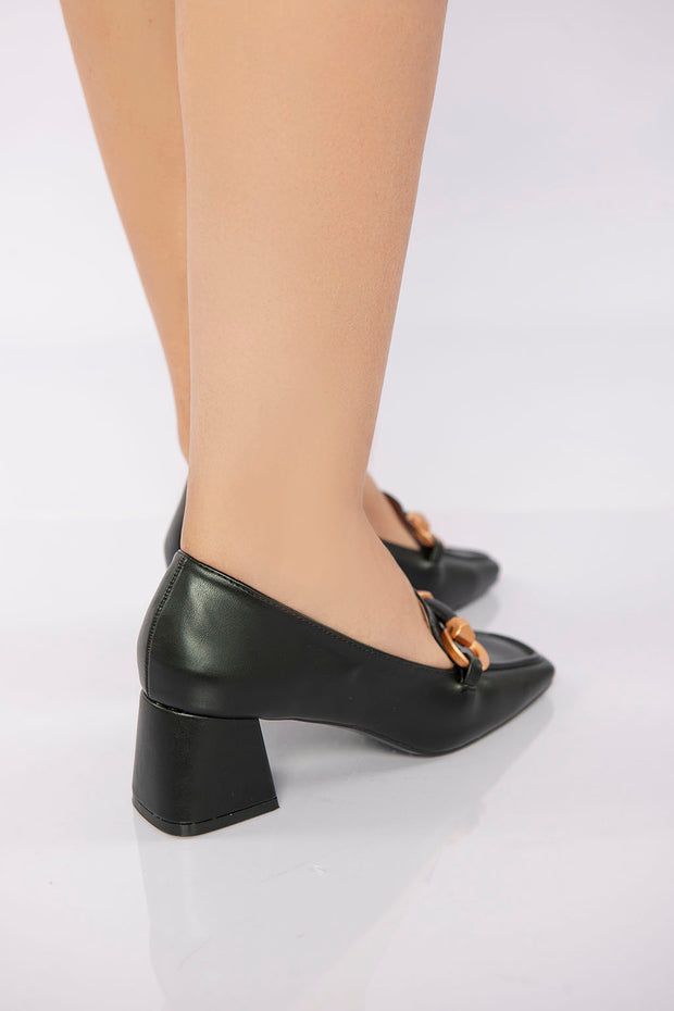 Square Toe Heeled Loafer - Black