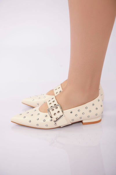Studded Buckle Strap Flat - Beige
