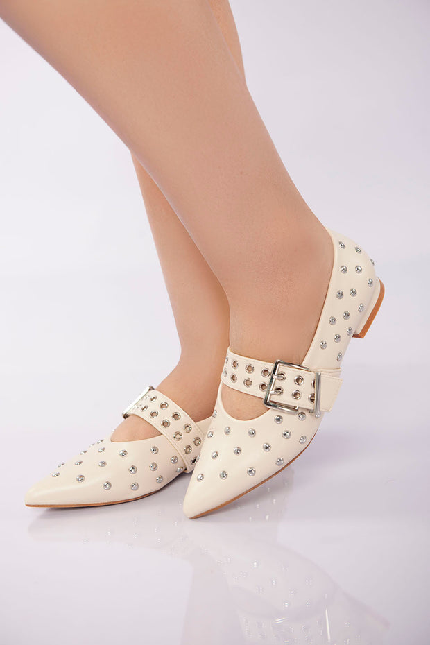 Studded Buckle Strap Flat - Beige