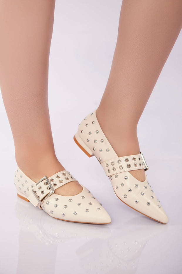 Studded Buckle Strap Flat - Beige
