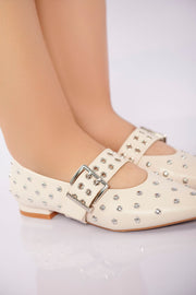 Studded Buckle Strap Flat - Beige