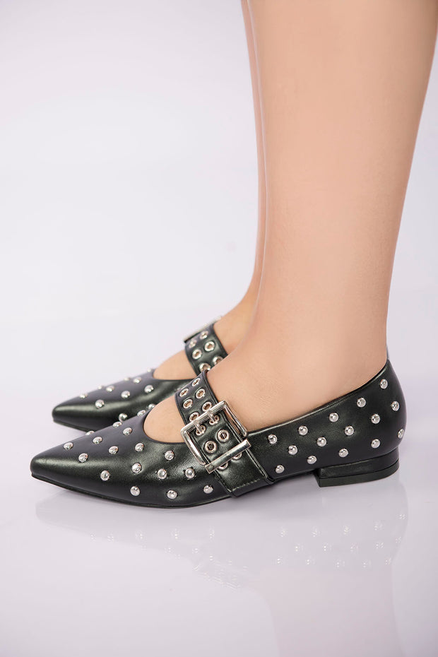 Studded Buckle Strap Flat - Black