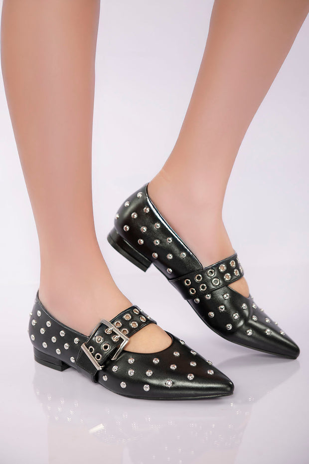 Studded Buckle Strap Flat - Black