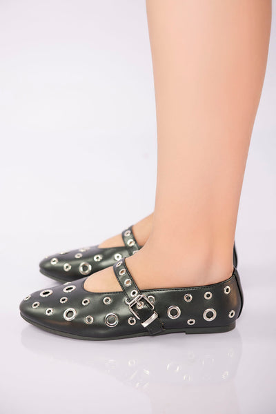 Studded Strap Ballet Flat - Black