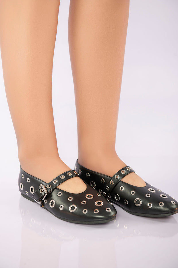 Studded Strap Ballet Flat - Black