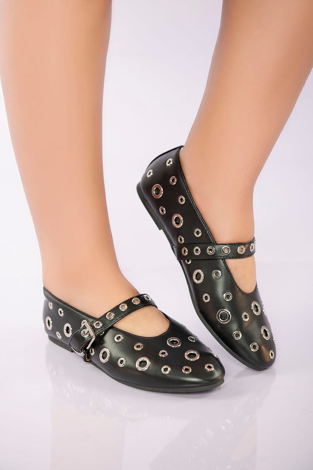 Studded Strap Ballet Flat - Black