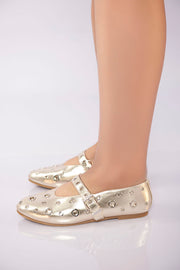 Studded Strap Ballet Flat - Gold